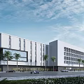 Modern White Office Building Exterior Design With Glass Windows Palm Trees And Blue Sky
