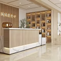 Elegant Modern Store Front Desk Interior With Marble Countertop Beige Sofa Glass Partition And Shelves