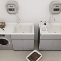 Modern Double Sink Vanity With Washing Machine Soap Dispensers Cleaning Supplies And Towel Basket