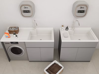 Modern Double Sink Vanity With Washing Machine Soap Dispensers Cleaning Supplies And Towel Basket 3d model