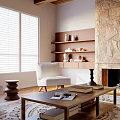 Cozy Living Room Interior With Wooden Beams Stone Fireplace Shelves And White Furniture