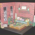 Kids Playroom Setup with Red Brick Wall Green Cabinet Orange Sofa Coffee Table and Guitar
