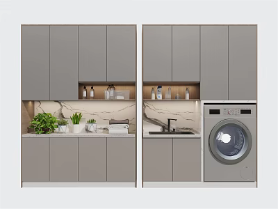 Gray Bathroom Cabinet With Marble Countertop Sink Washing Machine Plants And Toiletries 3d model