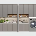 Gray Bathroom Cabinet With Marble Countertop Sink Washing Machine Plants And Toiletries