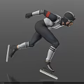 Man in speed skating dynamic pose wearing professional helmet goggles ice skates on black surface