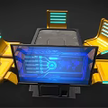 Futuristic Conference Table With Yellow Illuminated Chairs And Blue Screen On Metallic Base