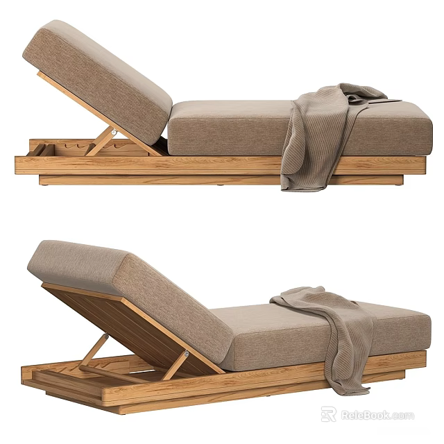 Natural Solid Wood Adjustable Chaise Lounge With Soft Beige Cushion And Cozy Throw Blanket 3d model 