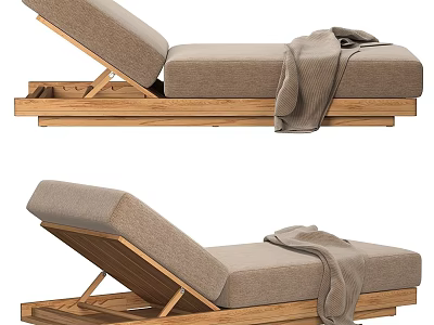 Natural Solid Wood Adjustable Chaise Lounge With Soft Beige Cushion And Cozy Throw Blanket 3d model