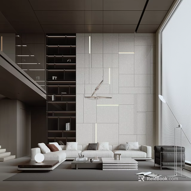 Duplex Living Room Interior Design With Modern Sofa Bookshelf Pendant Light And Geometric Wall 3d model 