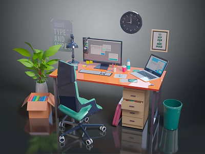 Modern Home Office Furniture Setup With Orange Desk Office Chair Drawer Cabinet And Green Plant 3d model