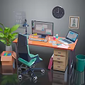 Modern Home Office Furniture Setup With Orange Desk Office Chair Drawer Cabinet And Green Plant