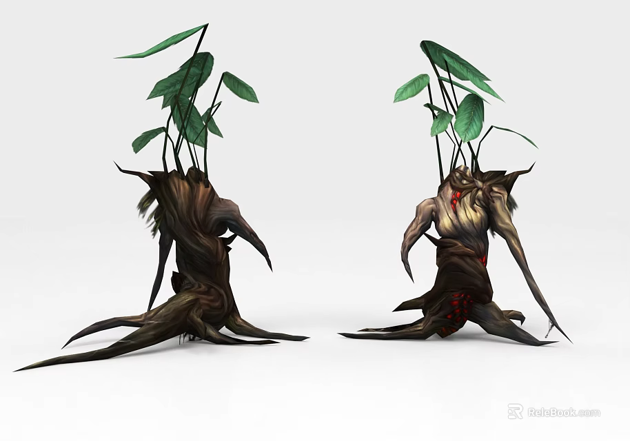 Game Fantasy Plant Creature Character With Tree Root Body And Green Leaves 3d model 