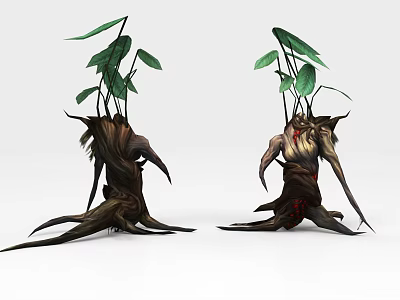 Game Fantasy Plant Creature Character With Tree Root Body And Green Leaves 3d model