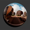 Cartoon Sci Fi Desert Scene With Futuristic Buildings And Vehicle