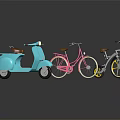 Classic Blue Scooter Motorcycle With Pink And Black Bicycles And Reflections