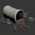 Vintage Wooden Wagon With White Canvas Cover Barrels Lantern And Stone Base