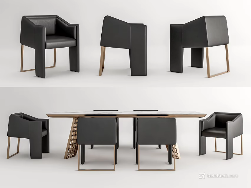 Modern Dining Table Set With Black Chairs And Metal Legs Wooden Top 3d model 