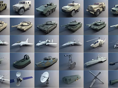 Diverse Military Vehicles Collection Including Tanks Aircraft Ships and Equipment Models 3d model