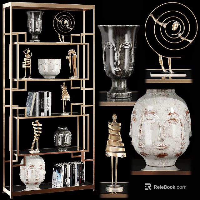 Ornamental Decor Combination with Sculptures Vases and Face Shaped Ornaments on Metal Frame Shelves 3d model 