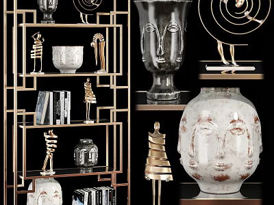 Ornamental Decor Combination with Sculptures Vases and Face Shaped Ornaments on Metal Frame Shelves 3d model