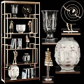 Ornamental Decor Combination with Sculptures Vases and Face Shaped Ornaments on Metal Frame Shelves