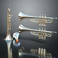 Three Silver Trumpets with Mouthpiece and Cork on Shiny Black Surface with Reflections