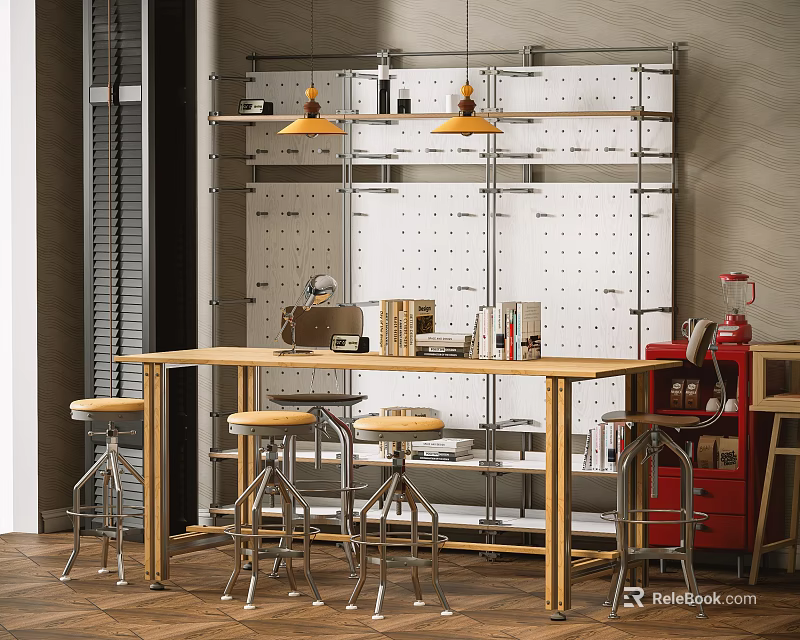 Open Concept Living Dining Space With Wooden Table Metal Shelving Pendant Lights And Stools 3d model 