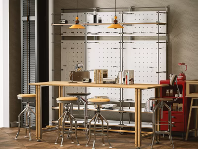 Open Concept Living Dining Space With Wooden Table Metal Shelving Pendant Lights And Stools 3d model