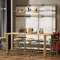 Open Concept Living Dining Space With Wooden Table Metal Shelving Pendant Lights And Stools