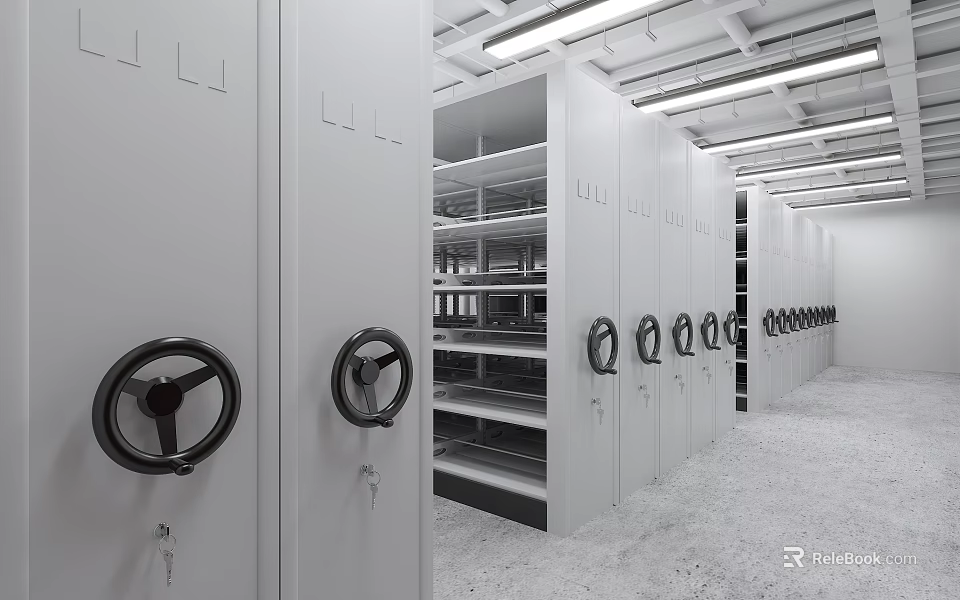 White Mobile Shelving Units With Black Wheel Handles Multiple Shelves Neatly Arranged In Storage Room 3d model 