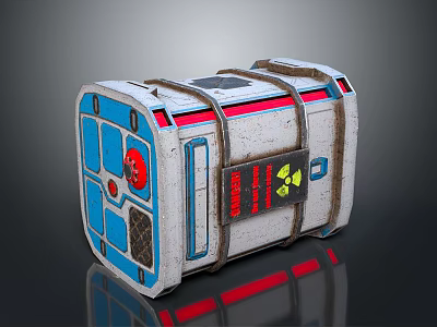 Tech Inspired Household Storage Box With Blue Panels Red Accents Gray Body And Warning Sign 3d model