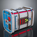 Tech Inspired Household Storage Box With Blue Panels Red Accents Gray Body And Warning Sign