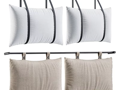 White And Beige Decorative Pillows With Black Straps Hanging On Metal Rod 3d model