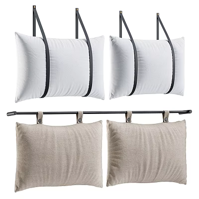 White And Beige Decorative Pillows With Black Straps Hanging On Metal Rod 3d model