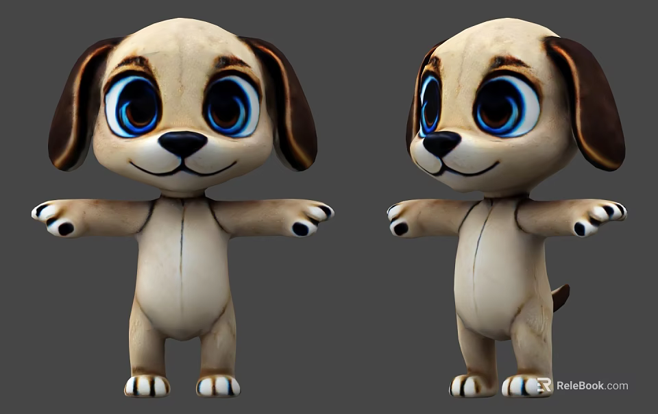 Cute Cartoon Dog 3D Models With Big Blue Eyes Brown Ears And Outstretched Arms 3d model 