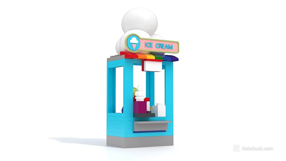 Blue Building Blocks Ice Cream Stand With Colorful Sign White Dome And Ice Cream Model 3d model 