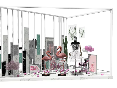 Stylish Window Display With Pink Flamingos Fashion Mannequin And Geometric Decor 3d model