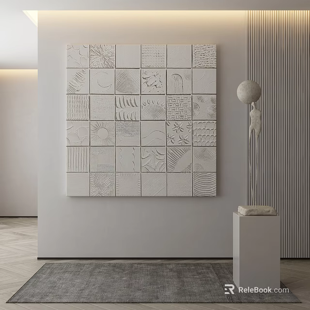 Modern Minimalist Interior Wall With Textured White Square Art And Sphere Sculpture Decor 3d model 