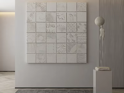 Modern Minimalist Interior Wall With Textured White Square Art And Sphere Sculpture Decor 3d model