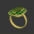 Gold Ring With Central Red Gemstone And Surrounding Green Stones In Geometric Design