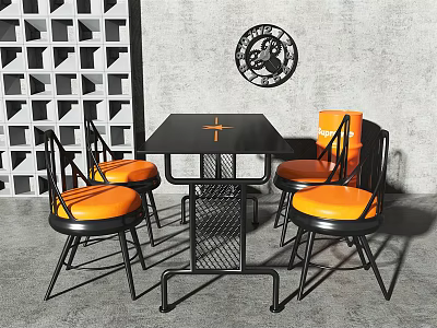 Modern Industrial Dining Table Set With Black Square Top Orange Cushioned Chairs And Metal Frame 3d model