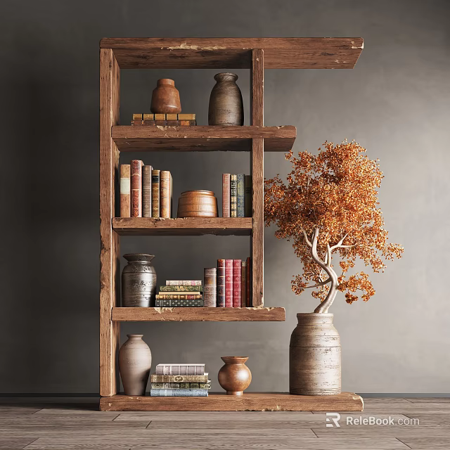 Wooden Decorative Cabinet with Clay Jars Books and Vase with Orange Foliage 3d model 