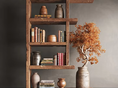 Wooden Decorative Cabinet with Clay Jars Books and Vase with Orange Foliage 3d model