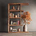 Wooden Decorative Cabinet with Clay Jars Books and Vase with Orange Foliage