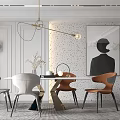 Modern Dining Table Set With Gray And Brown Chairs Hanging Light And Wall Decor 3d model