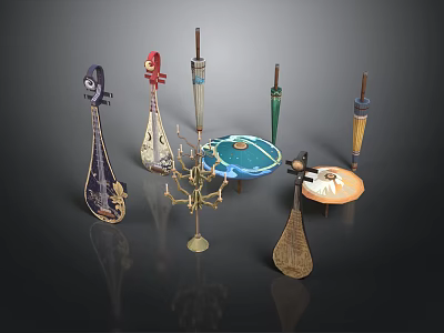 Stylish Household Items Collection Featuring Umbrellas Candle Holder And Decorative Plates 3d model