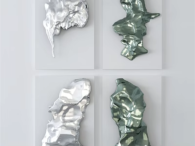Abstract Metallic Wall Decor With Silver And Green Textured Pieces On White Background 3d model