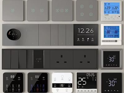 Modern Switch Panels With Digital Time Temperature Displays Multiple Colors And Various Designs 3d model