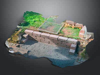 Outdoor Stone Wall Structure With Glass Covering Green Plants And Slate Floor 3d model