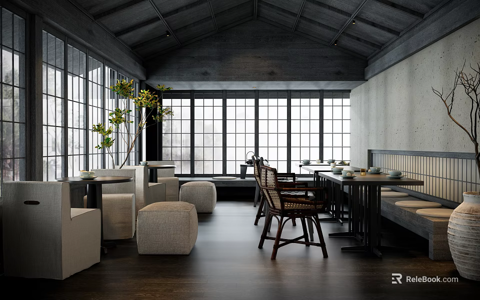 Rustic Restaurant Interior With Large Windows Wooden Floor And Dining Tables 3d model